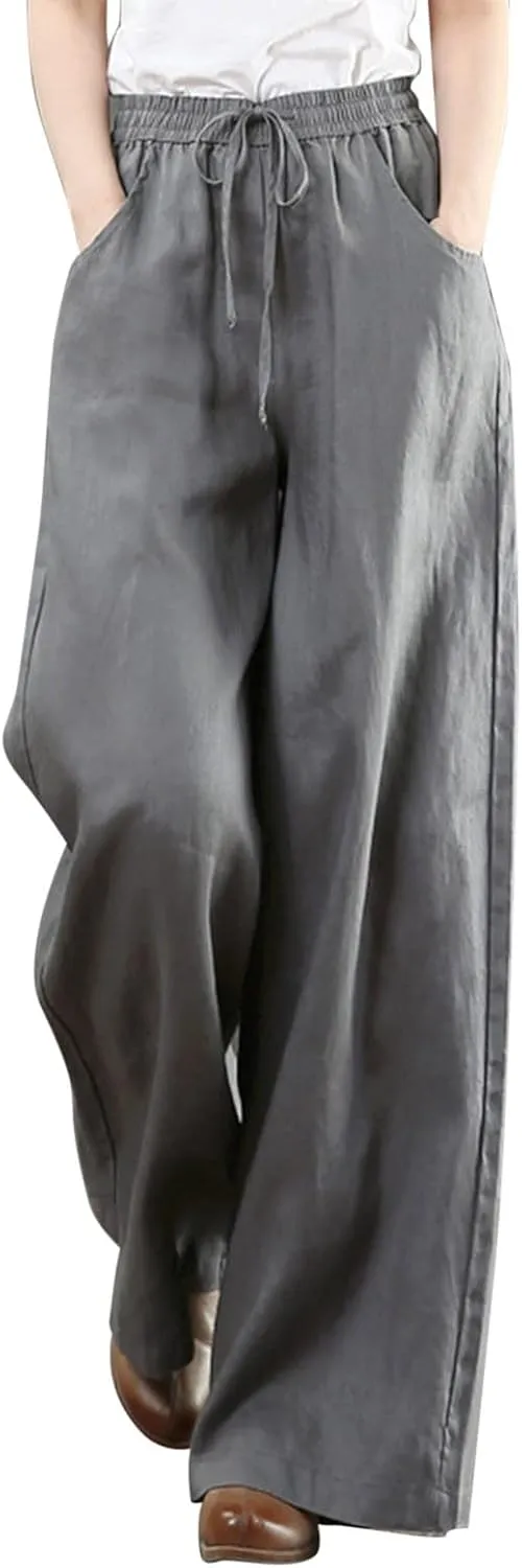 Linen Pants for Women Casual Loose Fit Flowy Wide Leg Pants Stretchy Straight Summer Beach Vacation Trousers with Pockets