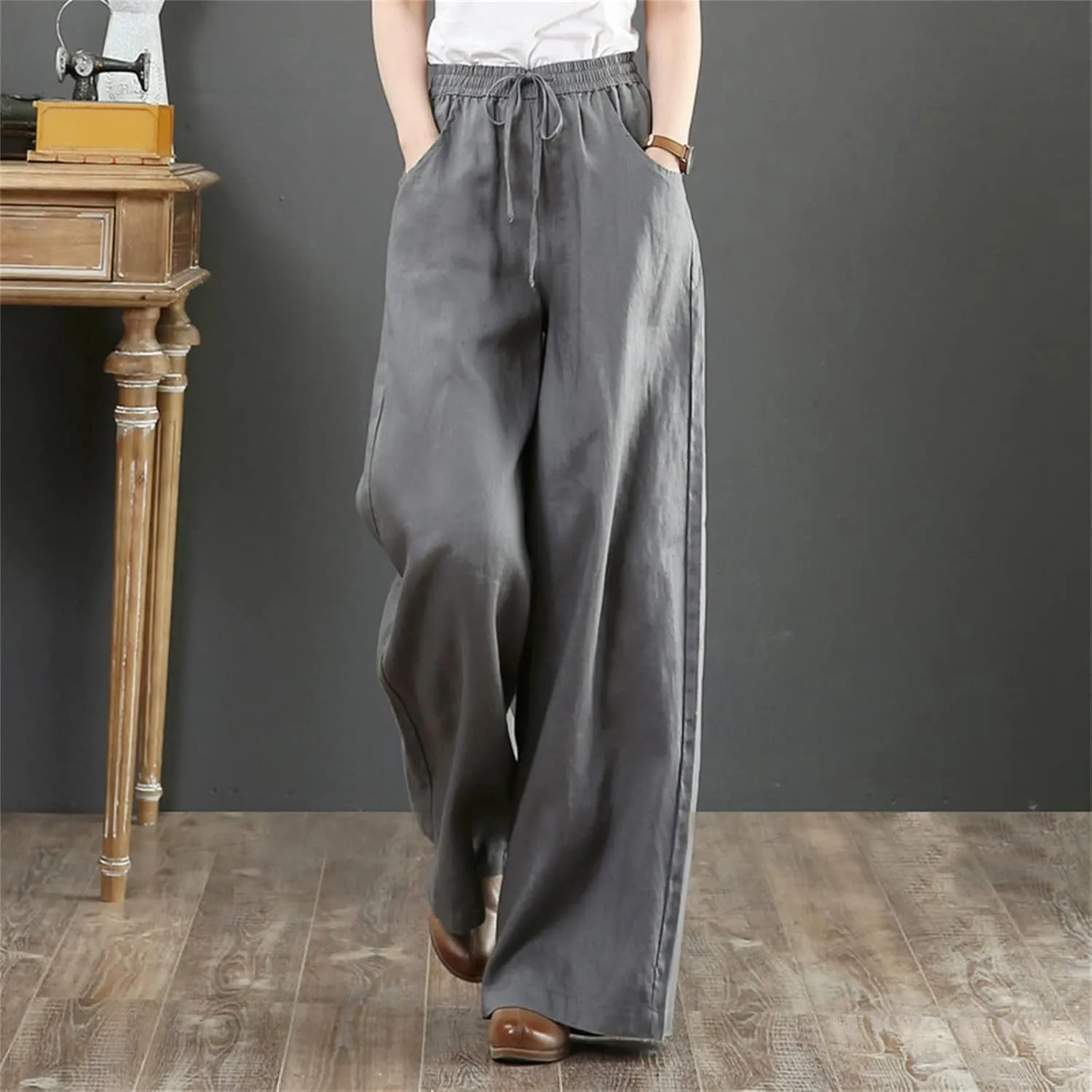 Linen Pants for Women Casual Loose Fit Flowy Wide Leg Pants Stretchy Straight Summer Beach Vacation Trousers with Pockets