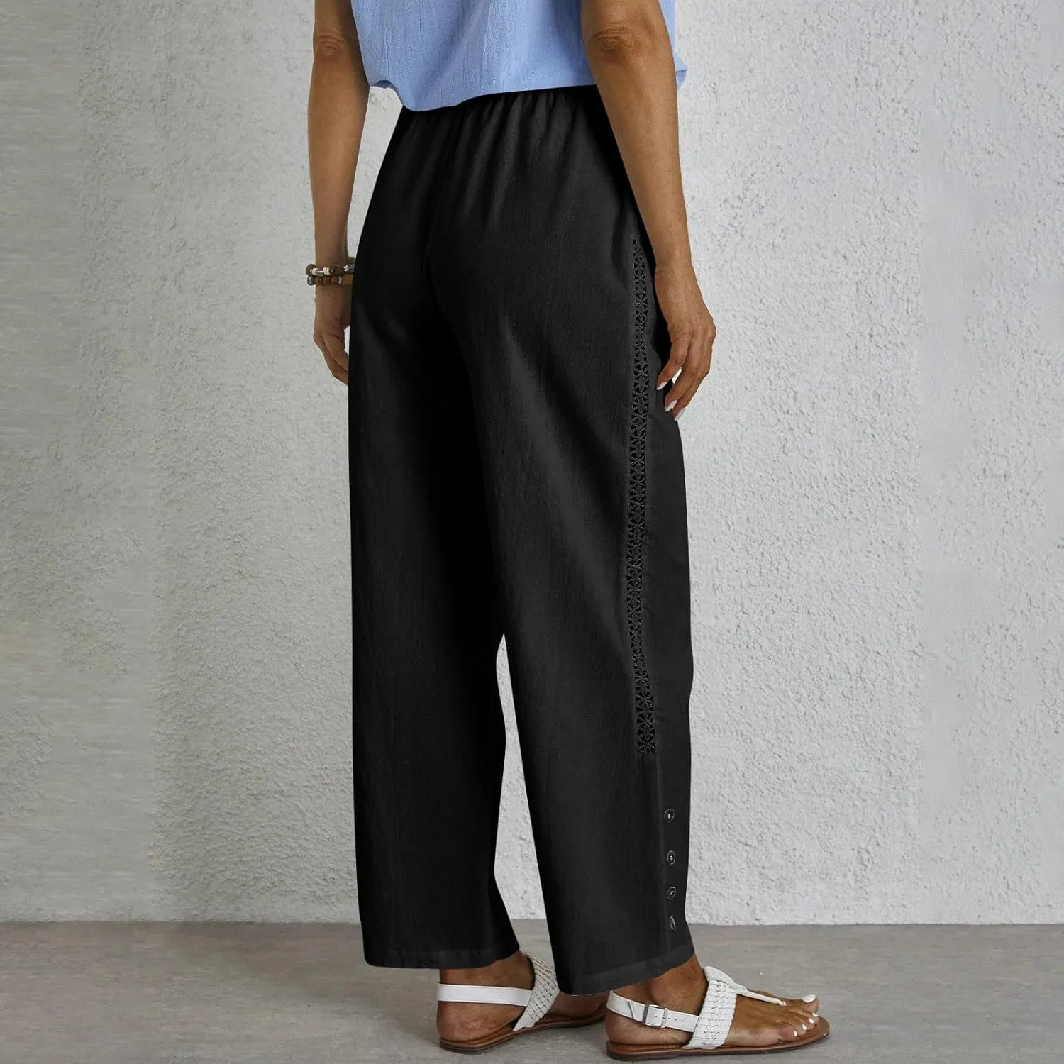 Linen Pants for Women Dressy Drawstring Side Button Wide Leg Pants Summer Lightweight High Waist Straight Leg Trousers