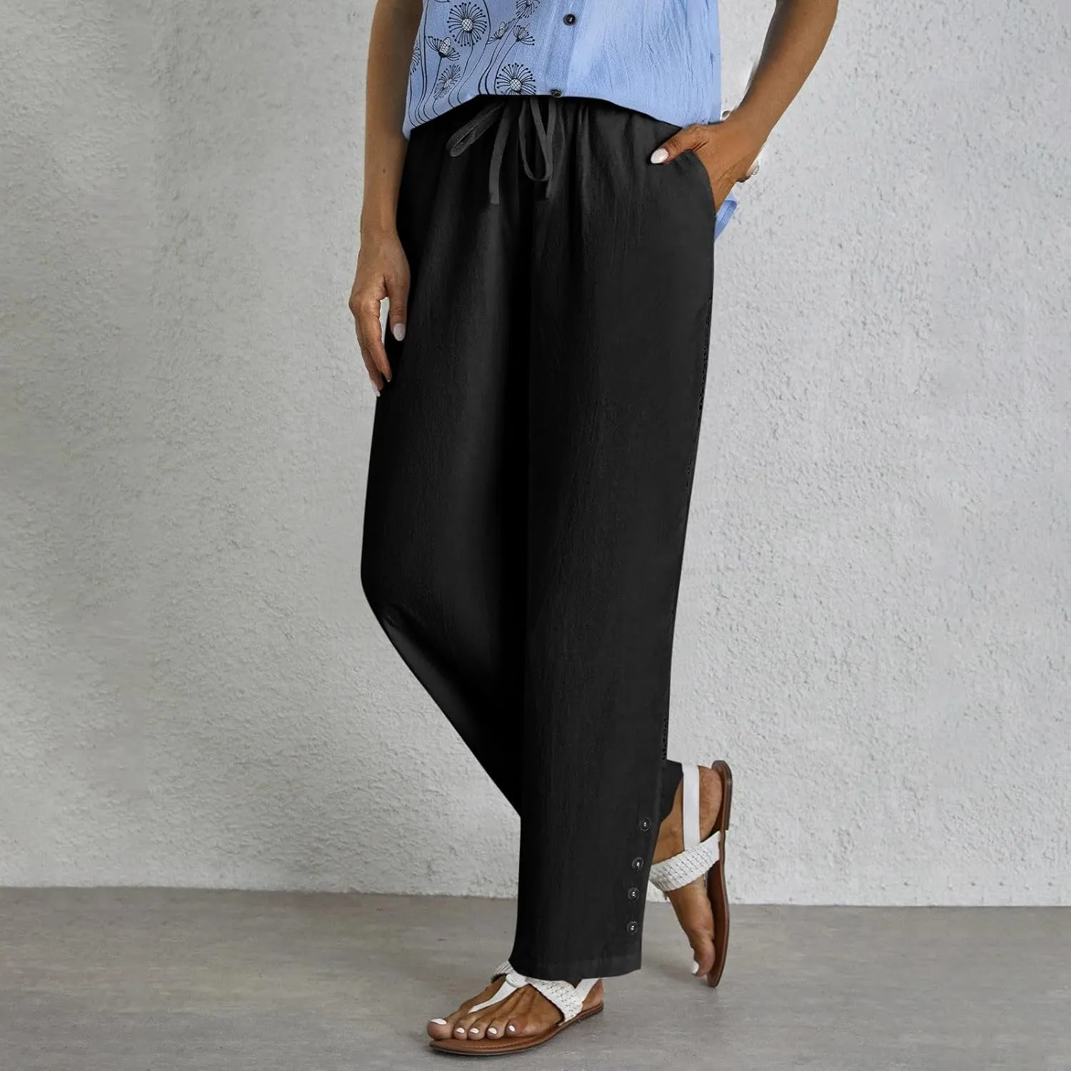 Linen Pants for Women Dressy Drawstring Side Button Wide Leg Pants Summer Lightweight High Waist Straight Leg Trousers