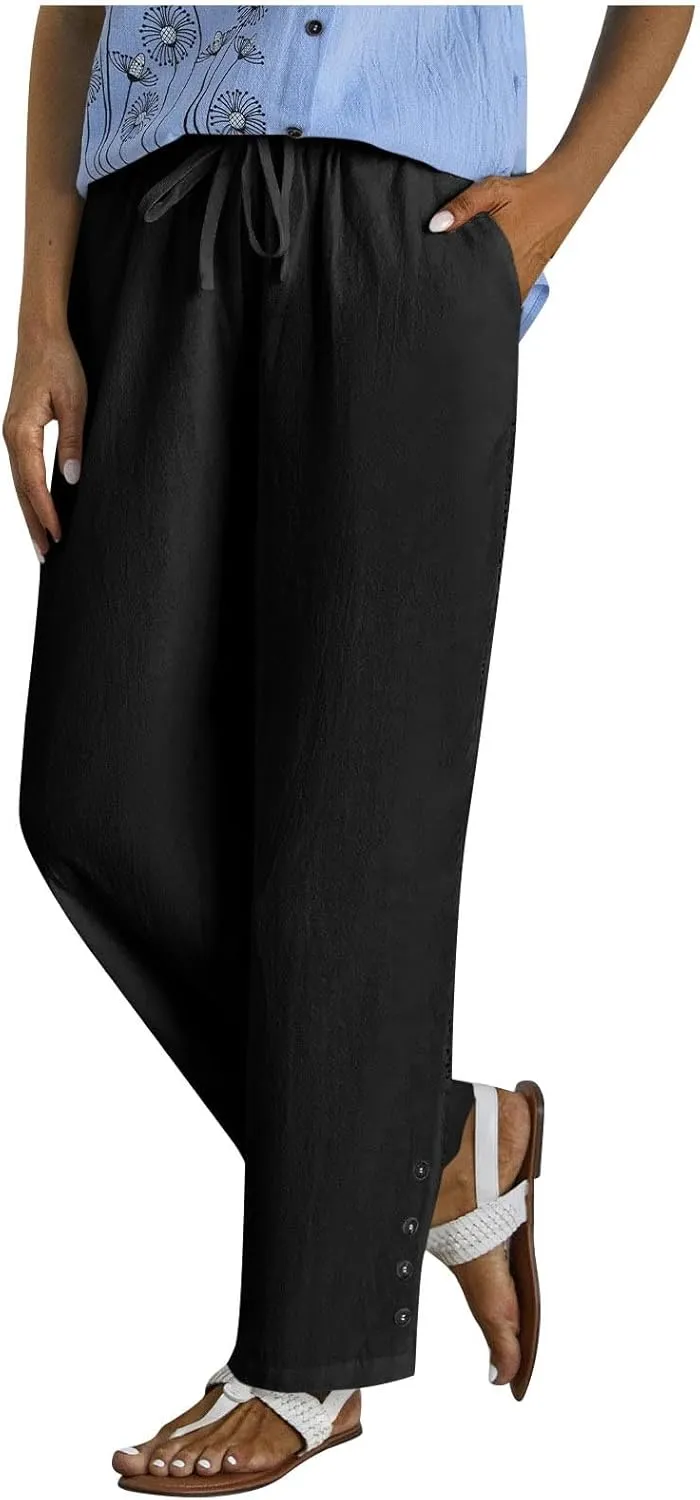 Linen Pants for Women Dressy Drawstring Side Button Wide Leg Pants Summer Lightweight High Waist Straight Leg Trousers
