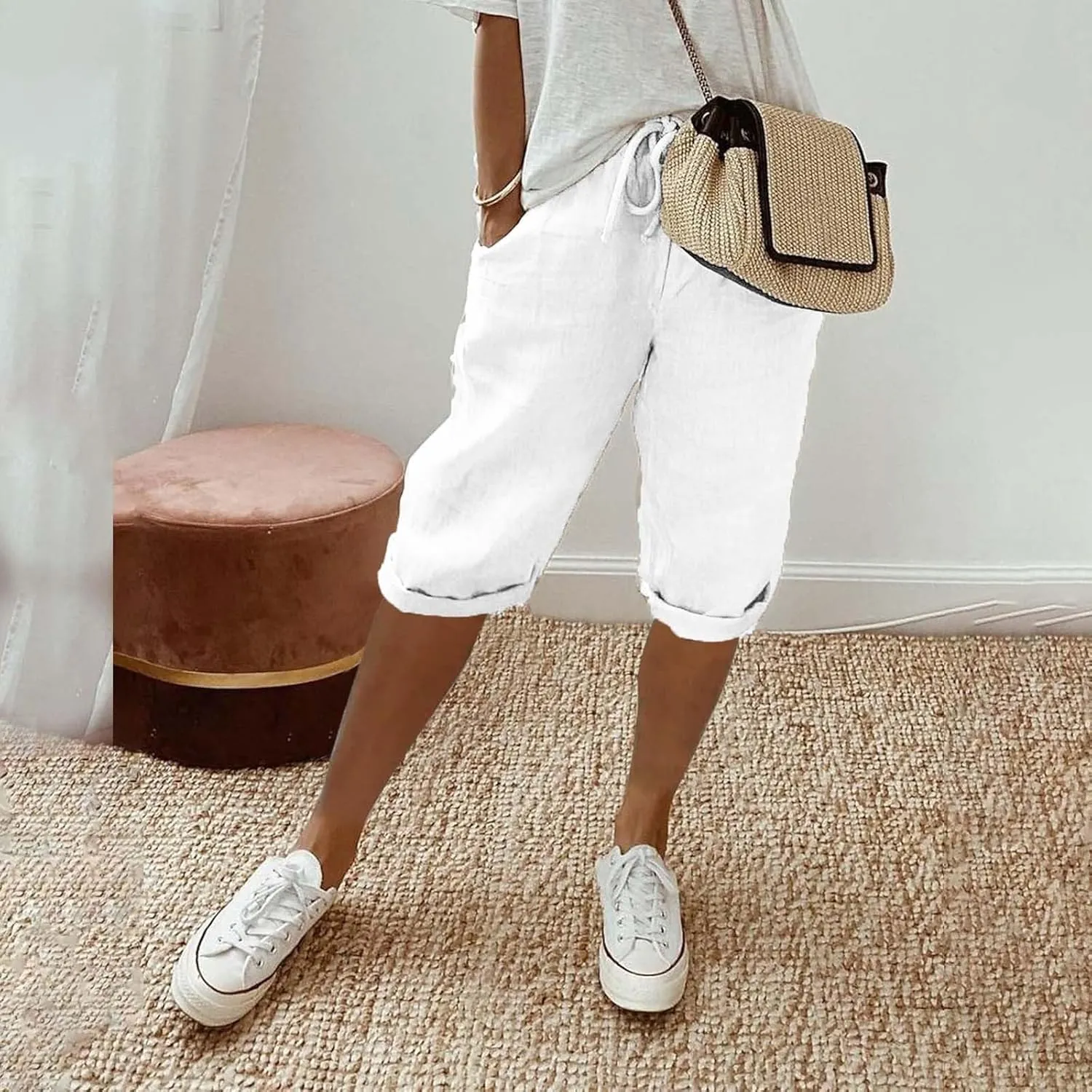 Linen Pants for Women Solid Color Casual Side Lace Summer Drawstring Pants with Pocket for Beach Vacations
