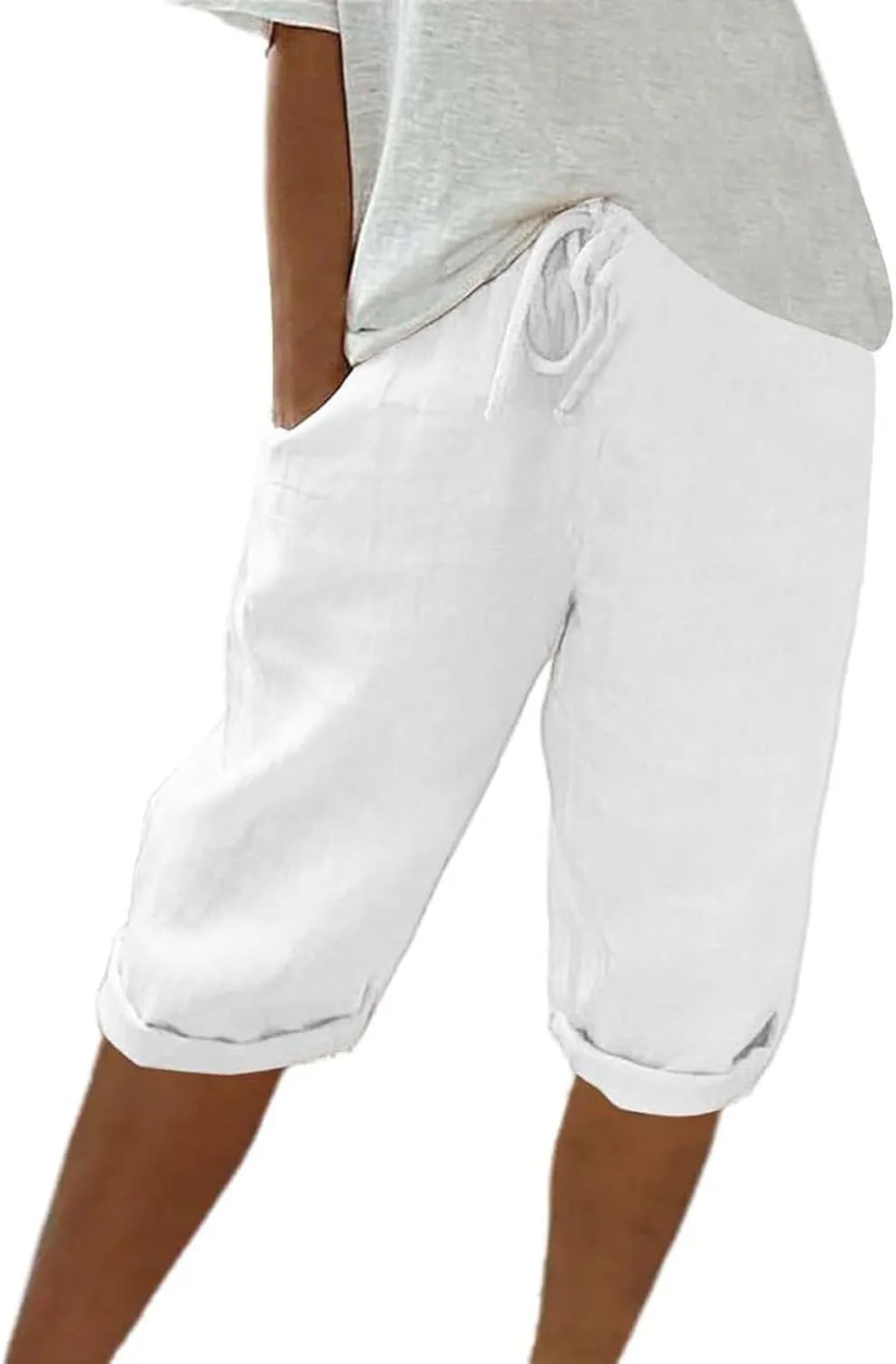 Linen Pants for Women Solid Color Casual Side Lace Summer Drawstring Pants with Pocket for Beach Vacations