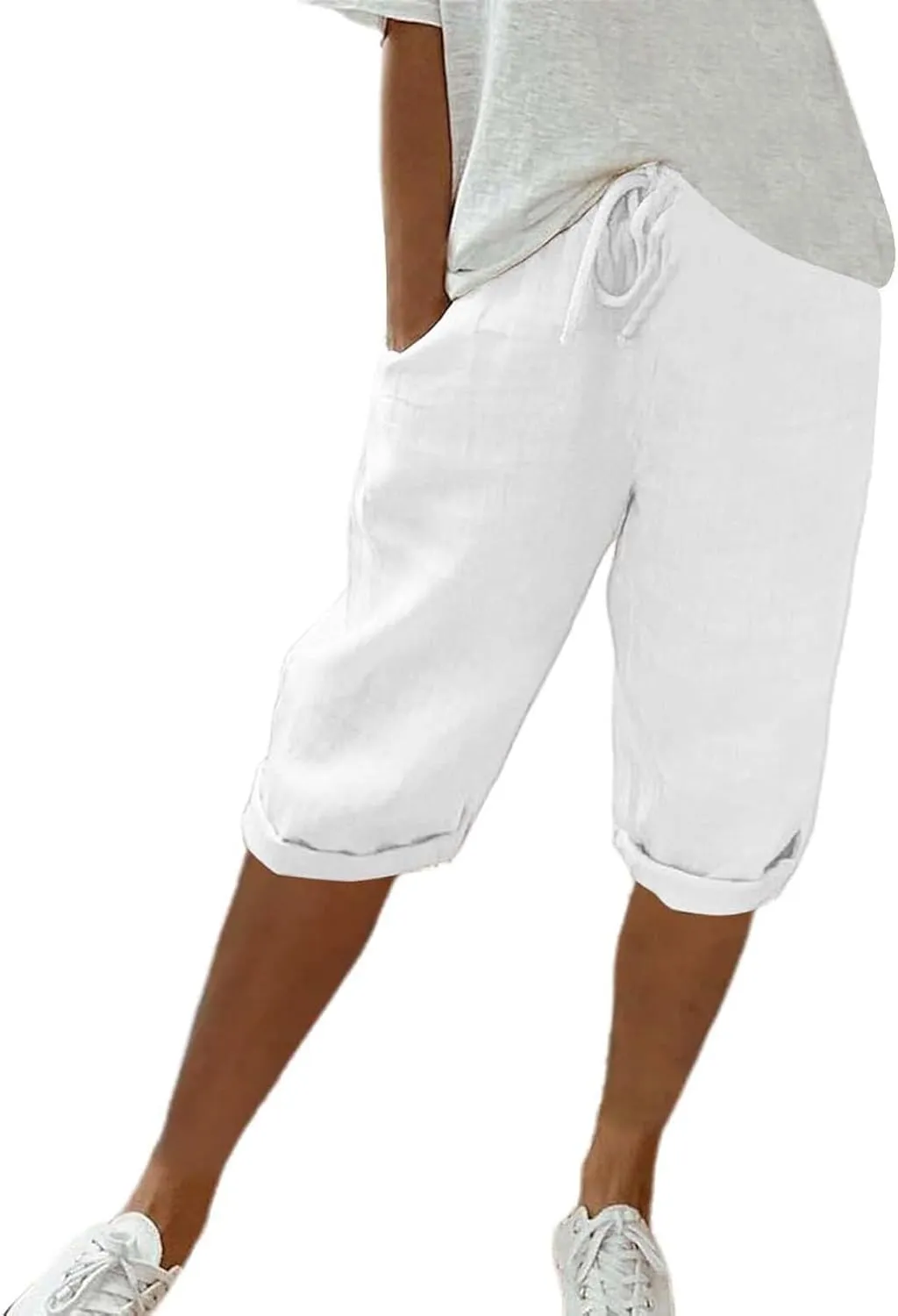 Linen Pants for Women Solid Color Casual Side Lace Summer Drawstring Pants with Pocket for Beach Vacations