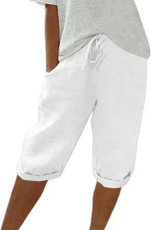 Linen Pants for Women Solid Color Casual Side Lace Summer Drawstring Pants with Pocket for Beach Vacations