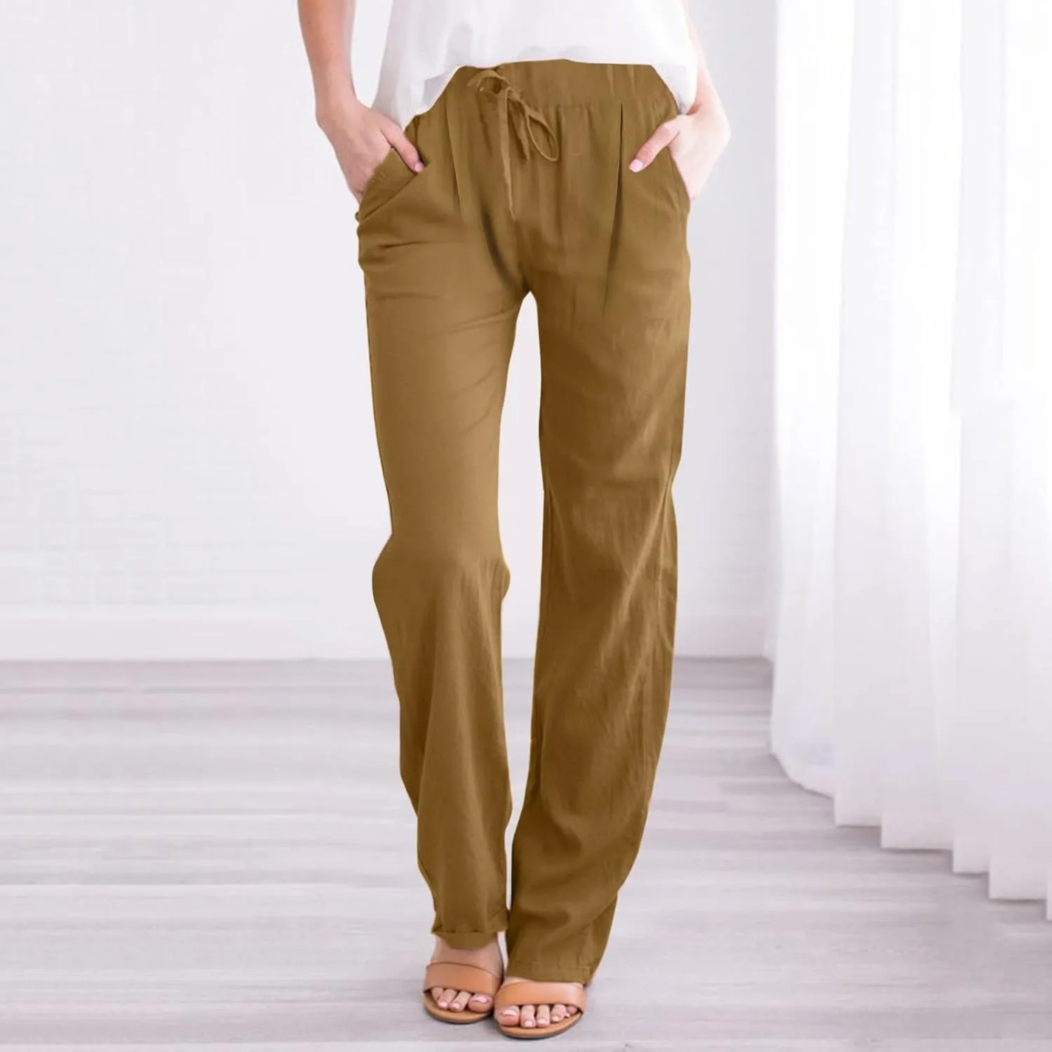 Linen Pants for Women Summer 2024 High Waist Drawstring Loose Fit Straight Leg Lounge Trouser with Side Pockets