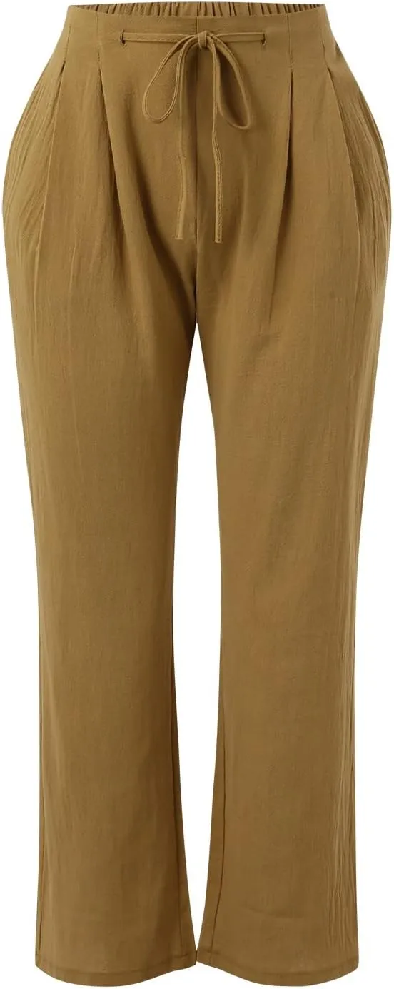 Linen Pants for Women Summer 2024 High Waist Drawstring Loose Fit Straight Leg Lounge Trouser with Side Pockets