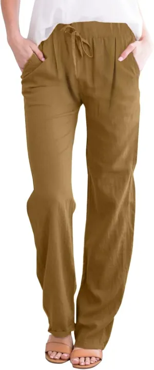 Linen Pants for Women Summer 2024 High Waist Drawstring Loose Fit Straight Leg Lounge Trouser with Side Pockets