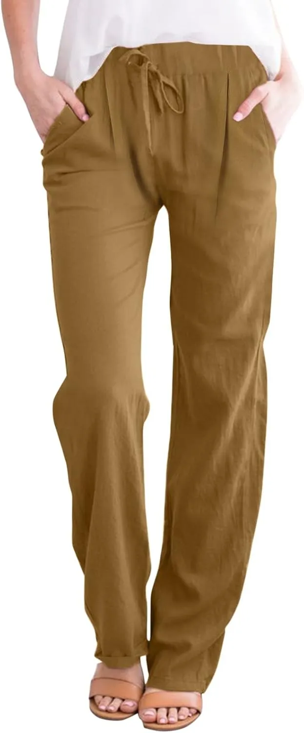 Linen Pants for Women Summer 2024 High Waist Drawstring Loose Fit Straight Leg Lounge Trouser with Side Pockets