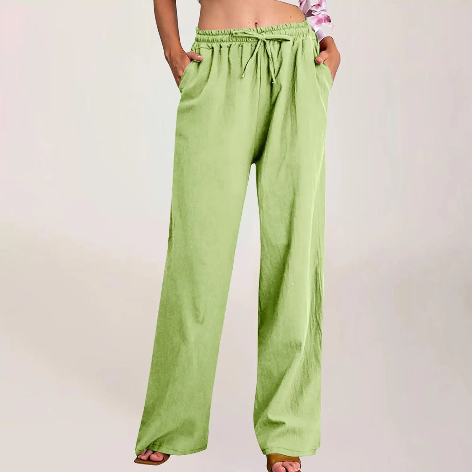 Linen Pants for Women Summer Boho Wide Leg Trouser High Waist Casual Lounge Pant Beach Travel Vacation Outfits