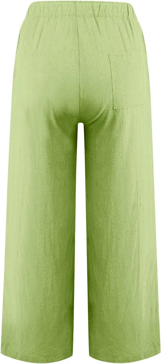 Linen Pants for Women Summer Boho Wide Leg Trouser High Waist Casual Lounge Pant Beach Travel Vacation Outfits