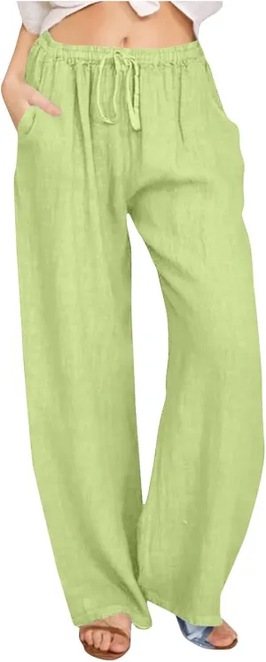 Linen Pants for Women Summer Boho Wide Leg Trouser High Waist Casual Lounge Pant Beach Travel Vacation Outfits