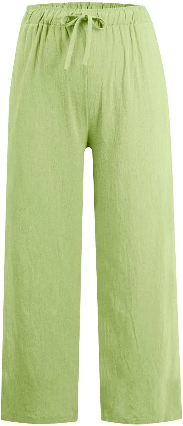 Linen Pants for Women Summer Boho Wide Leg Trouser High Waist Casual Lounge Pant Beach Travel Vacation Outfits