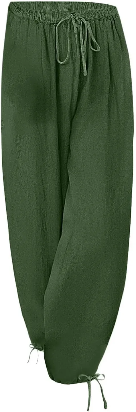 Linen Pants for Women Summer Elastic Waist Baggy Wide Leg Pants Side with Bow Tie Beach Drawstring Lounge Trousers