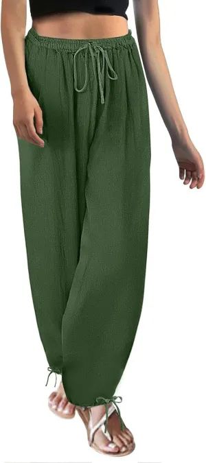 Linen Pants for Women Summer Elastic Waist Baggy Wide Leg Pants Side with Bow Tie Beach Drawstring Lounge Trousers