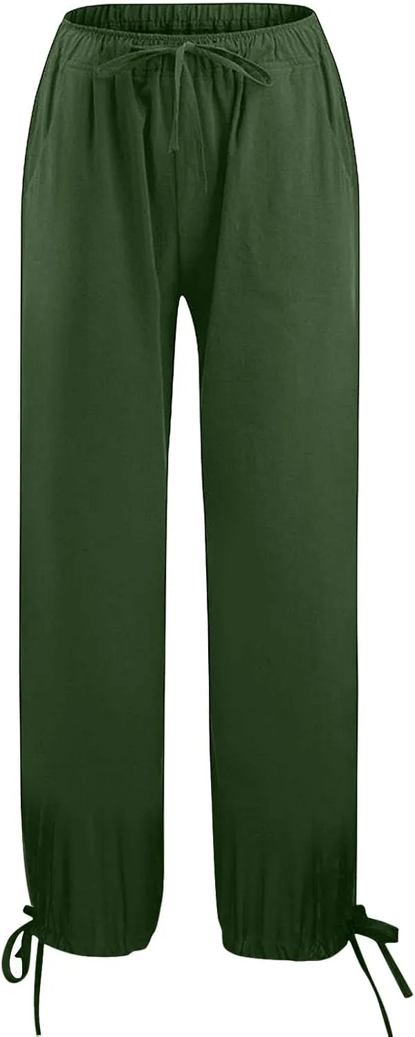 Linen Pants for Women Summer Elastic Waist Baggy Wide Leg Pants Side with Bow Tie Beach Drawstring Lounge Trousers