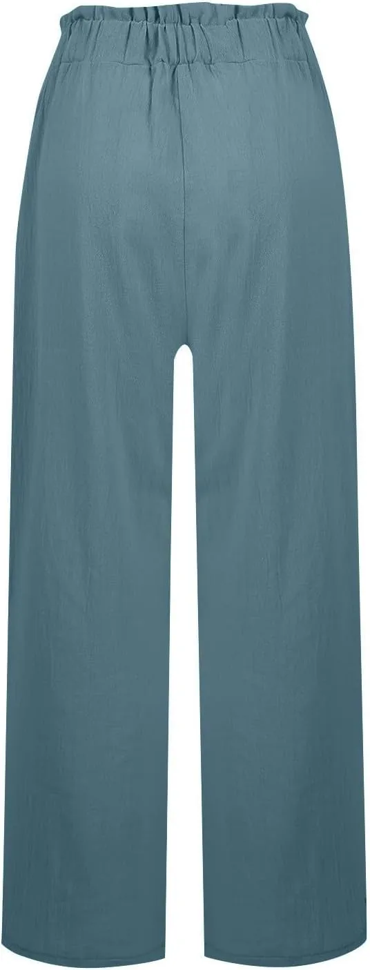 Linen Pants for Women Trendy Casual Ruffle High Waist Trousers with Pockets Wide Leg Beach Palazzo Pants Slacks