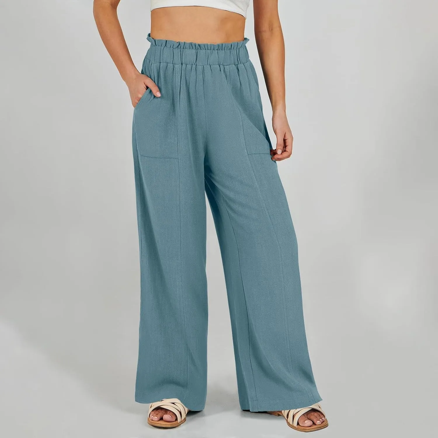 Linen Pants for Women Trendy Casual Ruffle High Waist Trousers with Pockets Wide Leg Beach Palazzo Pants Slacks