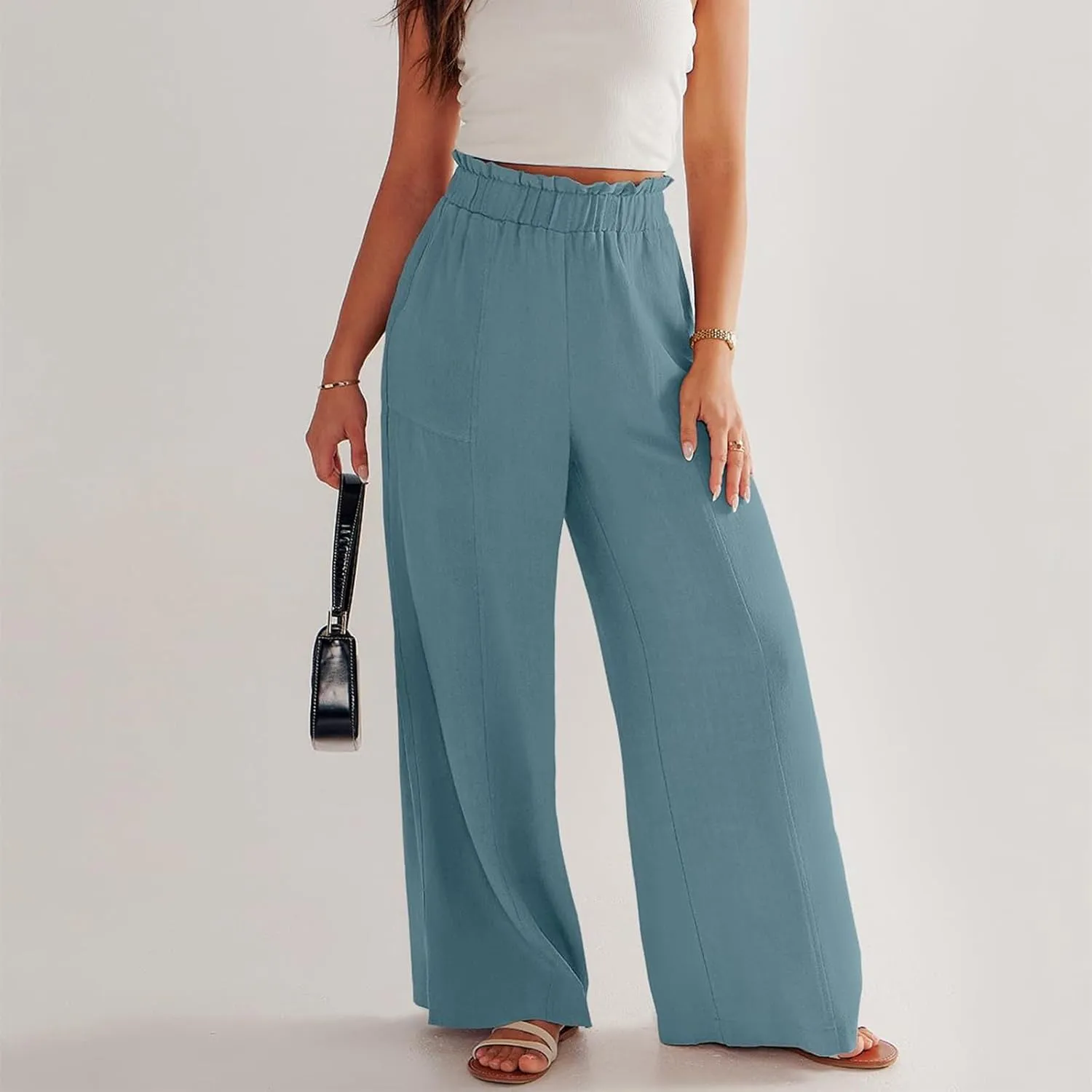 Linen Pants for Women Trendy Casual Ruffle High Waist Trousers with Pockets Wide Leg Beach Palazzo Pants Slacks