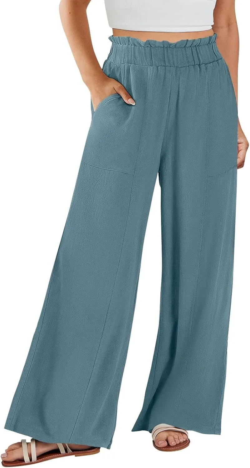 Linen Pants for Women Trendy Casual Ruffle High Waist Trousers with Pockets Wide Leg Beach Palazzo Pants Slacks