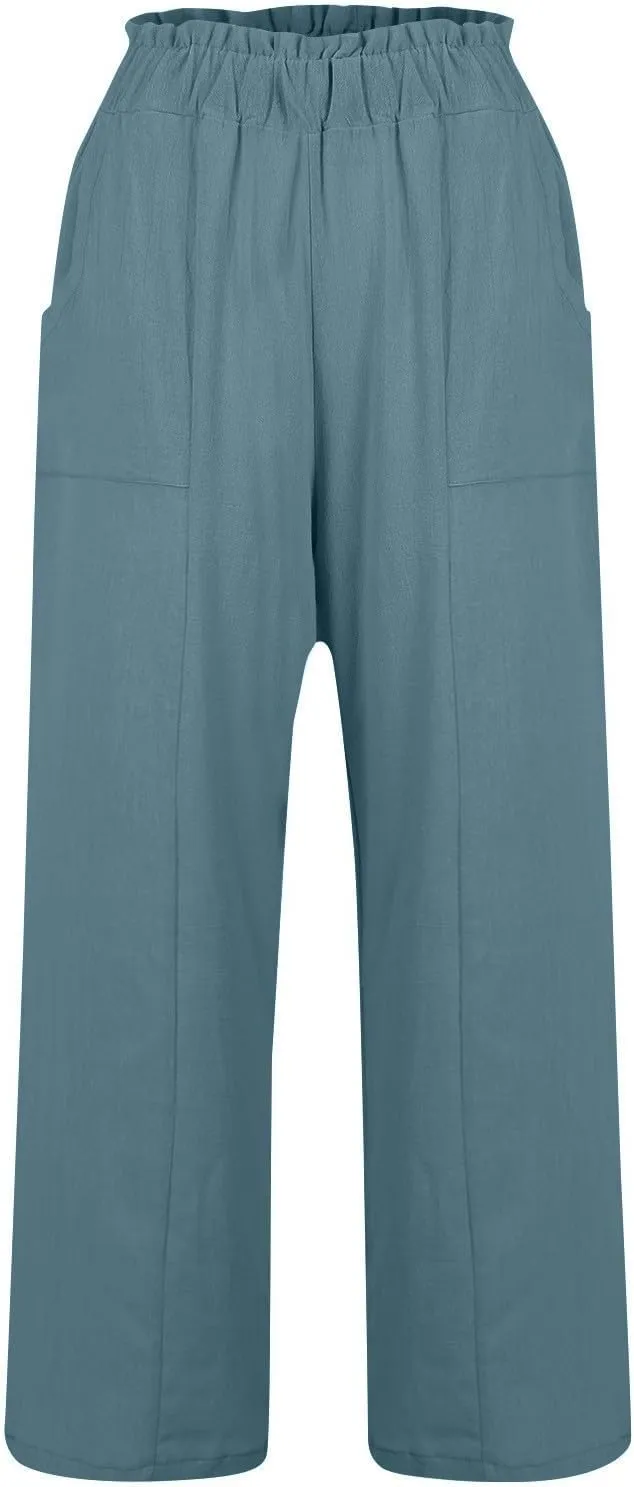 Linen Pants for Women Trendy Casual Ruffle High Waist Trousers with Pockets Wide Leg Beach Palazzo Pants Slacks