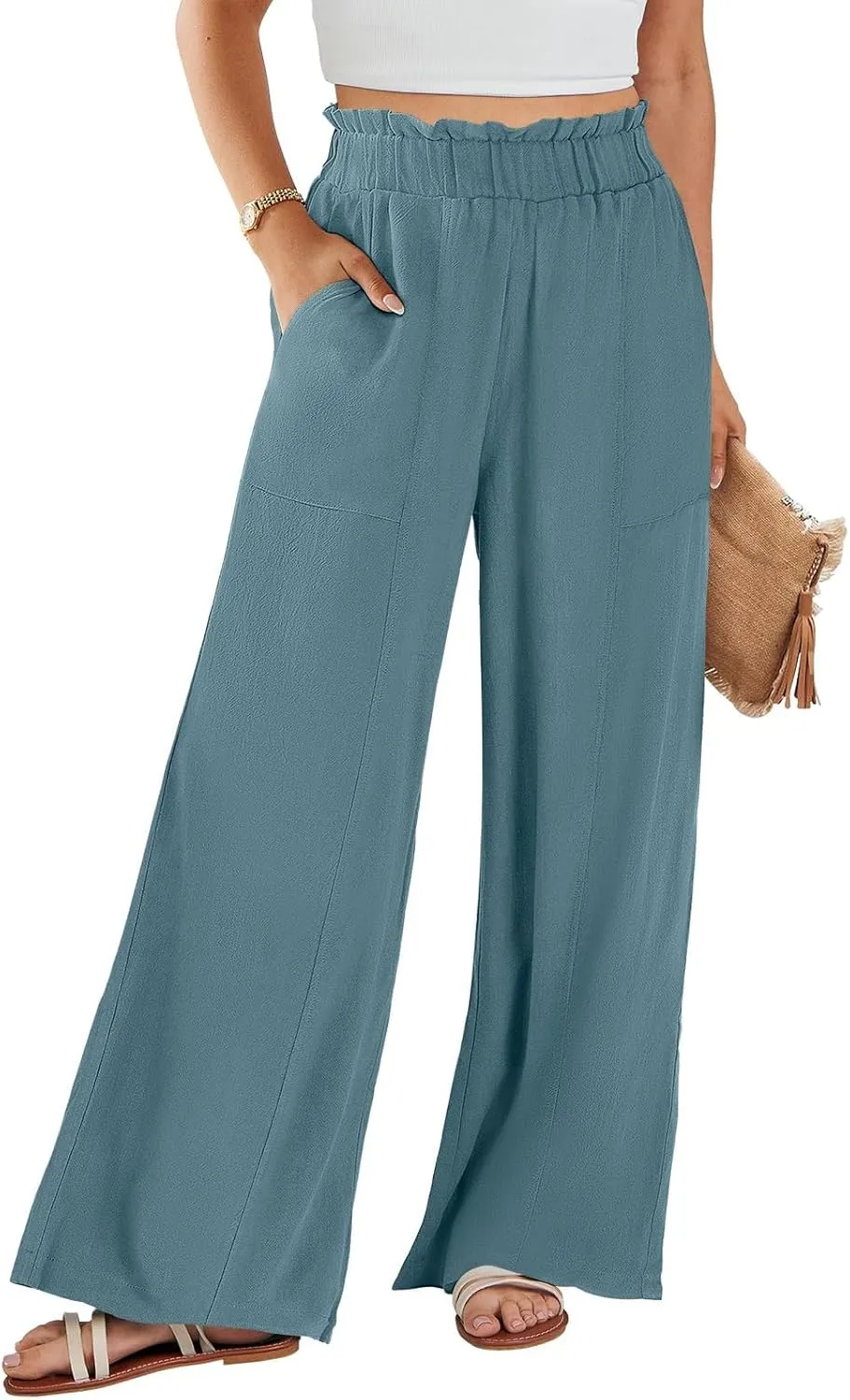 Linen Pants for Women Trendy Casual Ruffle High Waist Trousers with Pockets Wide Leg Beach Palazzo Pants Slacks