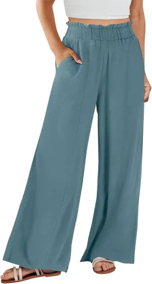 Linen Pants for Women Trendy Casual Ruffle High Waist Trousers with Pockets Wide Leg Beach Palazzo Pants Slacks