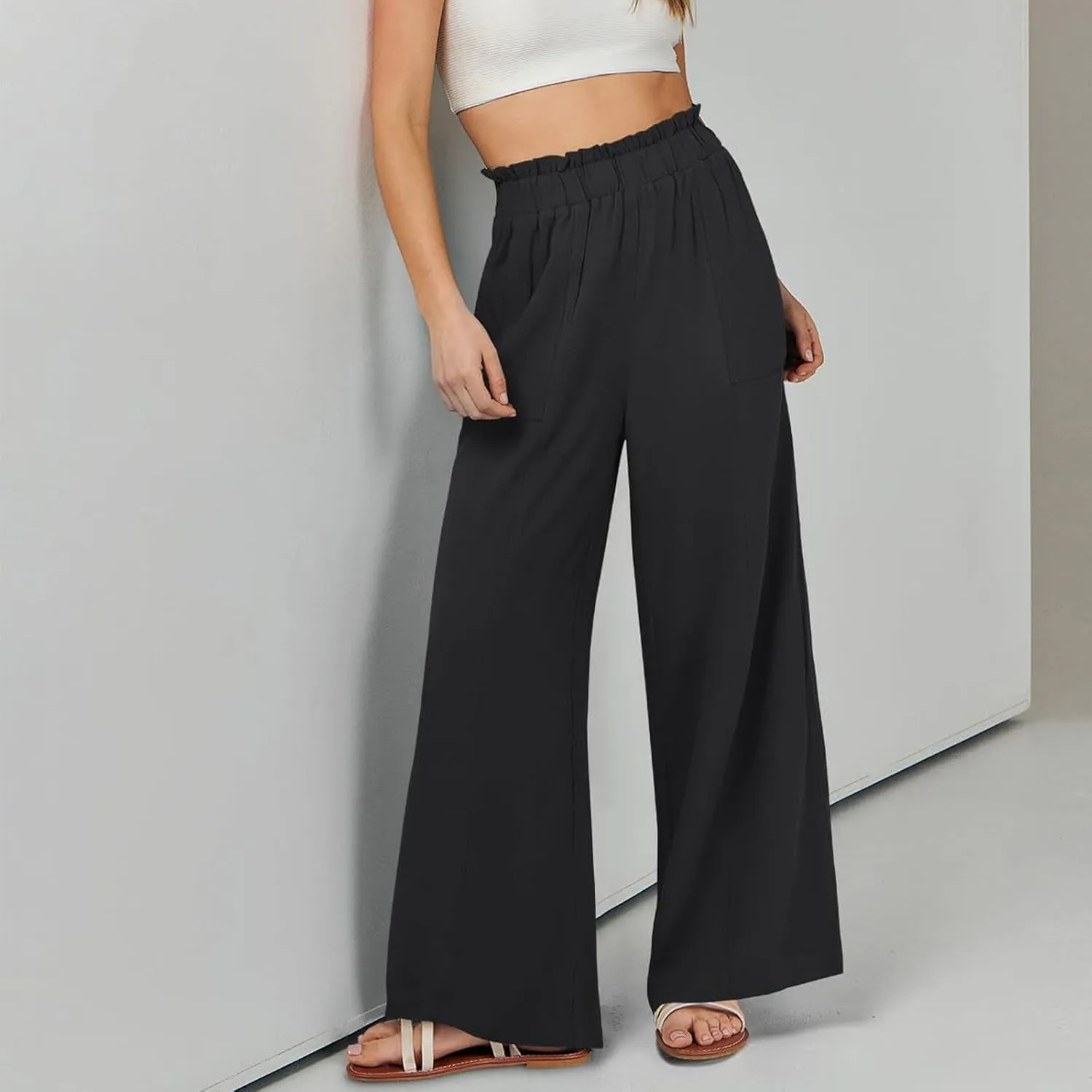 Linen Pants for Women Trendy Casual Trousers with Pockets Wide Leg Beach Palazzo Pants Ruffle High Waist Slacks