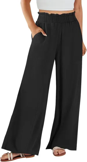 Linen Pants for Women Trendy Casual Trousers with Pockets Wide Leg Beach Palazzo Pants Ruffle High Waist Slacks