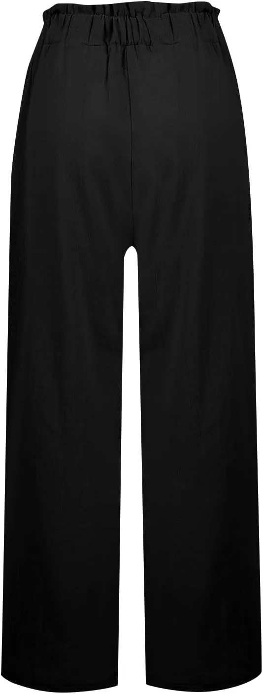 Linen Pants for Women Trendy Casual Trousers with Pockets Wide Leg Beach Palazzo Pants Ruffle High Waist Slacks