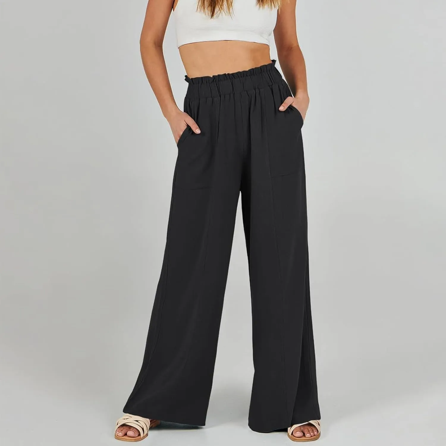Linen Pants for Women Trendy Casual Trousers with Pockets Wide Leg Beach Palazzo Pants Ruffle High Waist Slacks