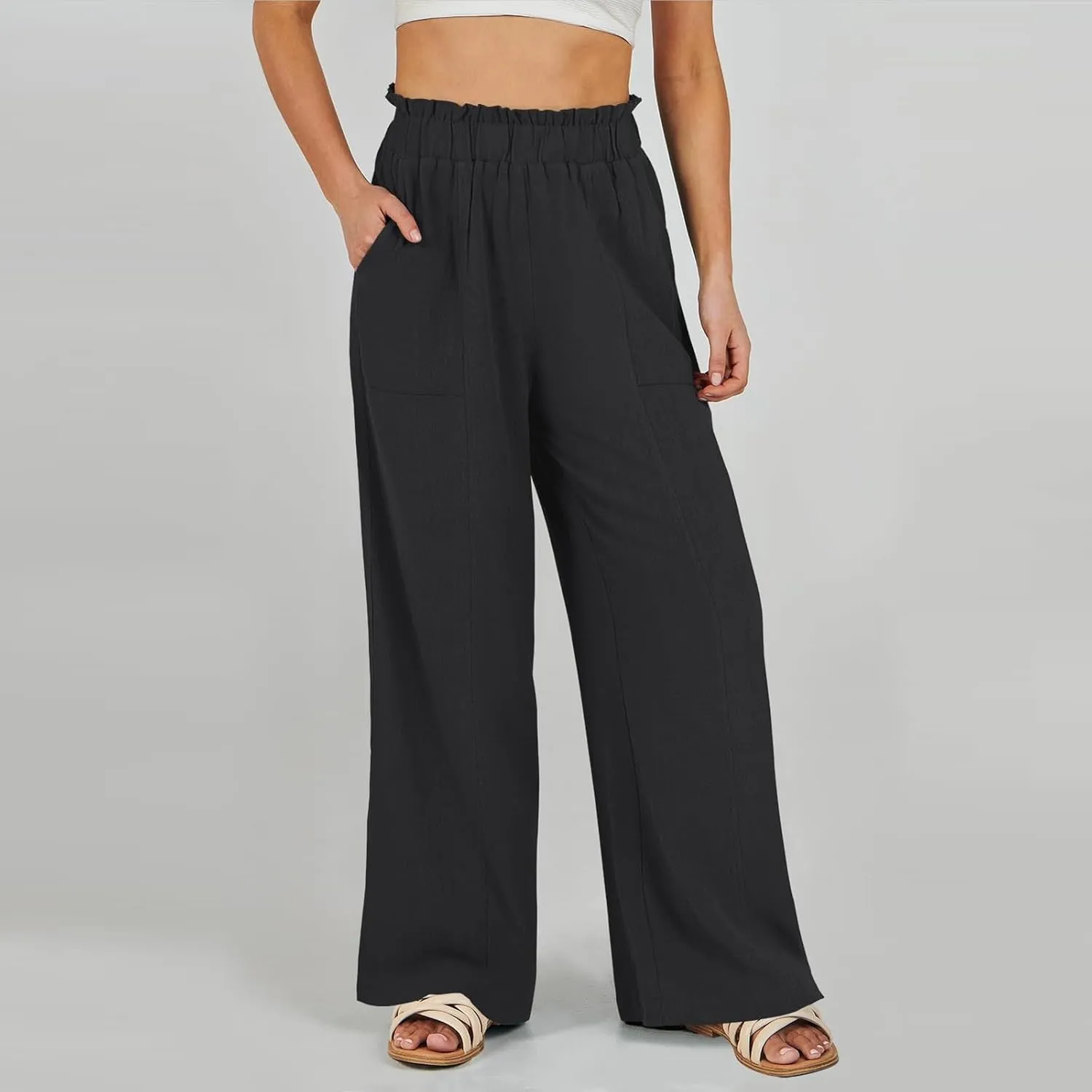 Linen Pants for Women Trendy Casual Trousers with Pockets Wide Leg Beach Palazzo Pants Ruffle High Waist Slacks