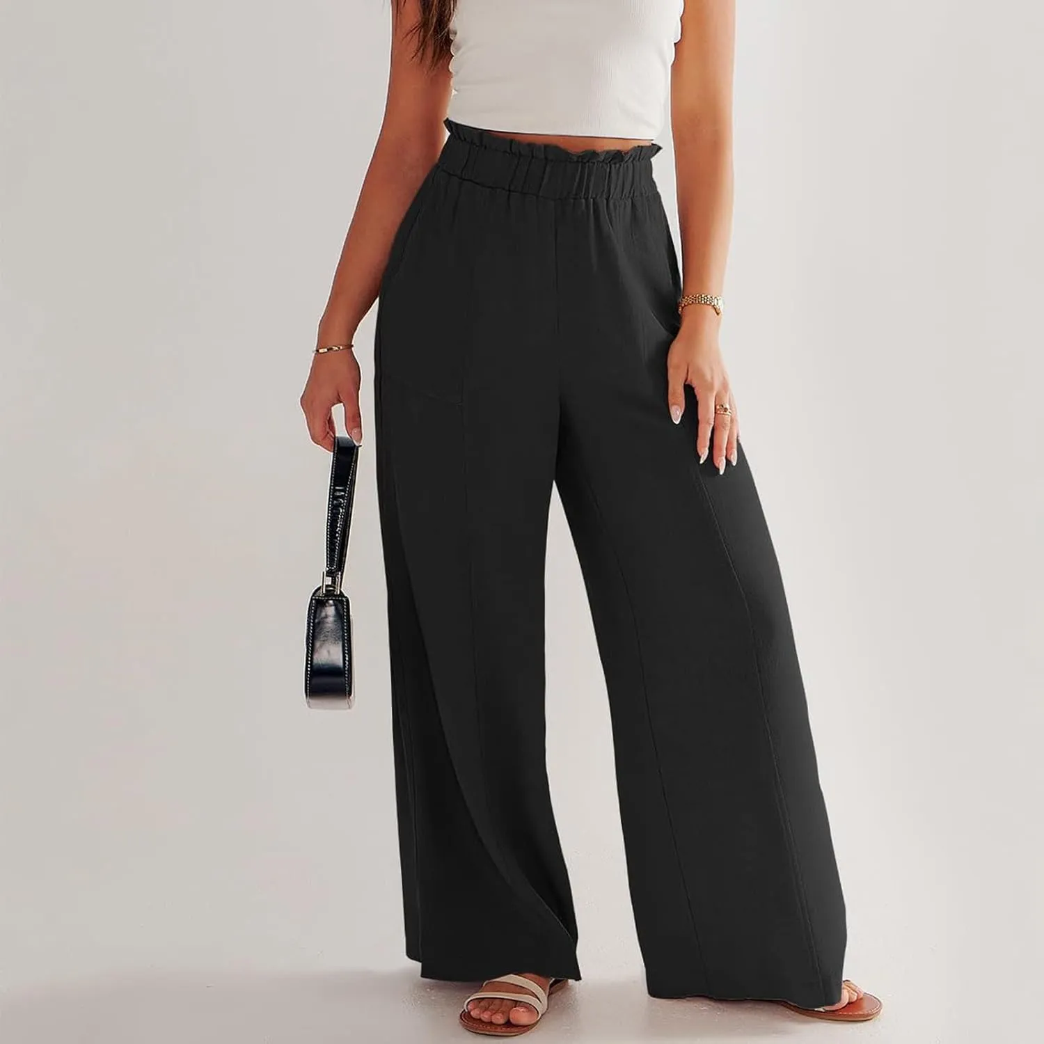 Linen Pants for Women Trendy Casual Trousers with Pockets Wide Leg Beach Palazzo Pants Ruffle High Waist Slacks