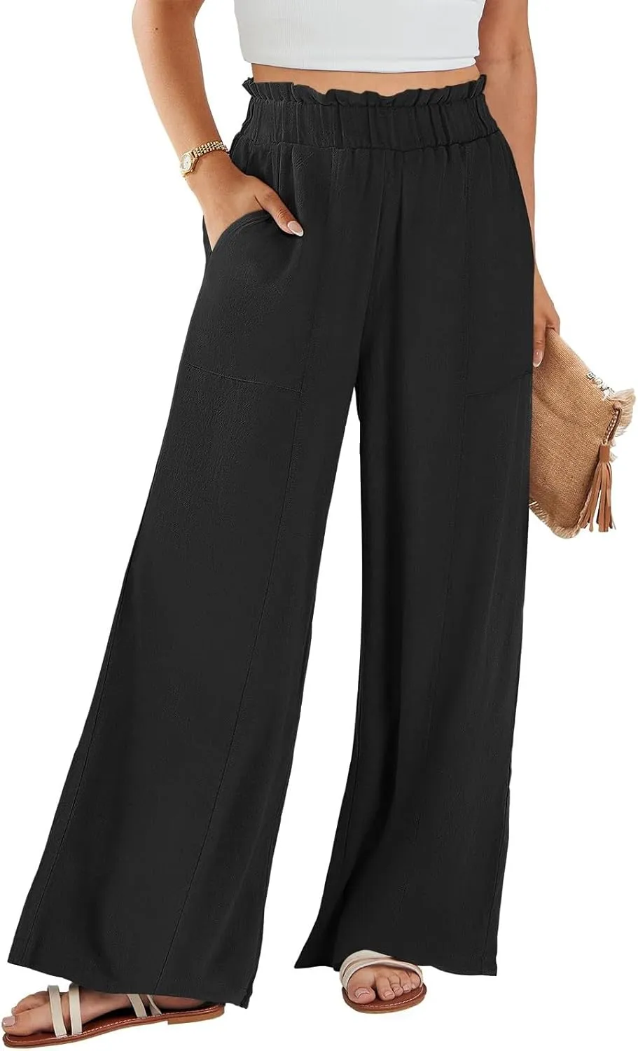 Linen Pants for Women Trendy Casual Wide Leg Beach Palazzo Pants Trousers with Pockets Ruffle High Waist Slacks