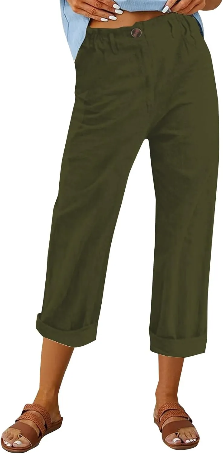 Linen Pants Women 2025 Capri Casual Elastic Waist Cropped Trouser Fashion Summer Resort Wear Beach Vacation Capris