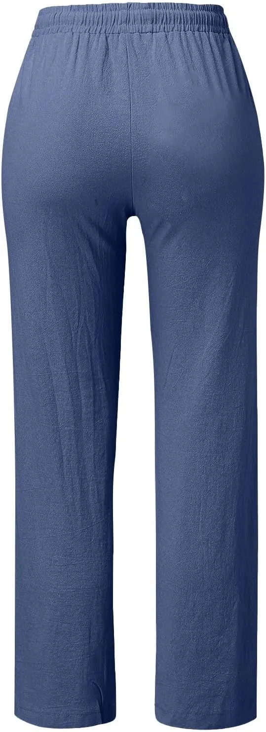 Linen Pants Women 2025 Summer Drawstring Elastic High Waisted Straight Leg Trousers Baggy Lounge Pants with Pockets