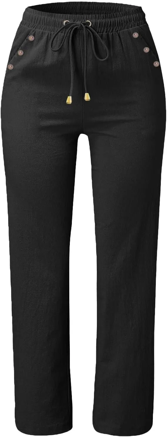 Linen Pants Women 2025 Summer Drawstring Elastic High Waisted Straight Leg Trousers Baggy Lounge Pants with Pockets