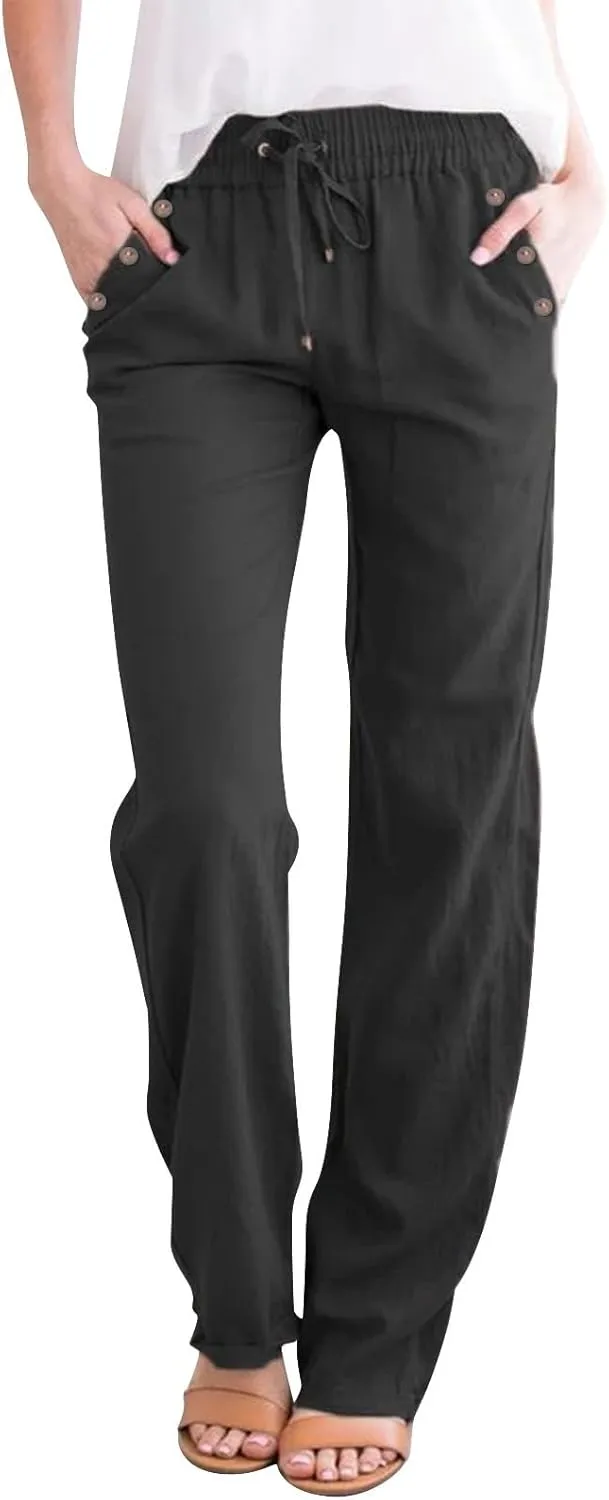 Linen Pants Women 2025 Summer Drawstring Elastic High Waisted Straight Leg Trousers Baggy Lounge Pants with Pockets