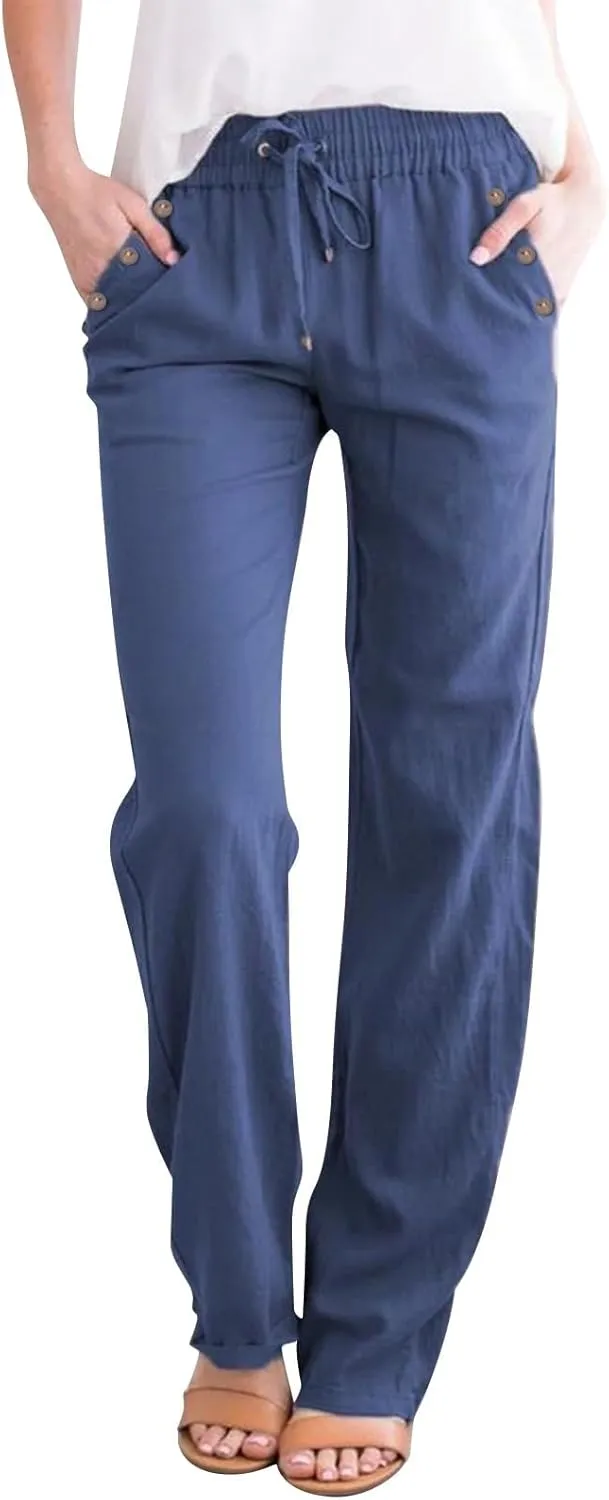 Linen Pants Women 2025 Summer Drawstring Elastic High Waisted Straight Leg Trousers Baggy Lounge Pants with Pockets