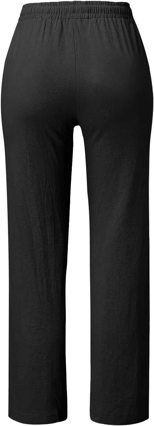 Linen Pants Women 2025 Summer Drawstring Elastic High Waisted Straight Leg Trousers Baggy Lounge Pants with Pockets