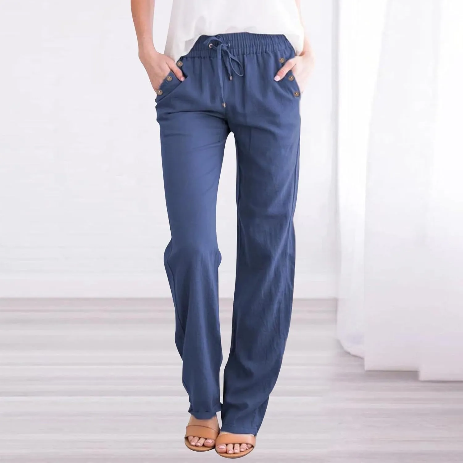 Linen Pants Women 2025 Summer Drawstring Elastic High Waisted Straight Leg Trousers Baggy Lounge Pants with Pockets