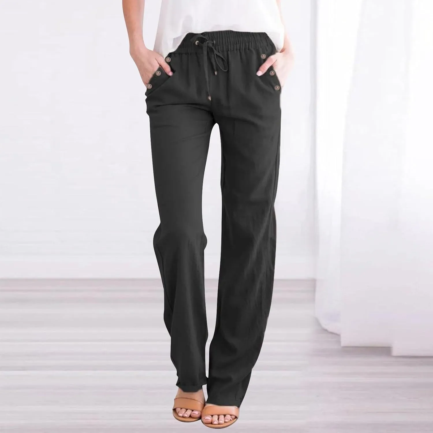 Linen Pants Women 2025 Summer Drawstring Elastic High Waisted Straight Leg Trousers Baggy Lounge Pants with Pockets