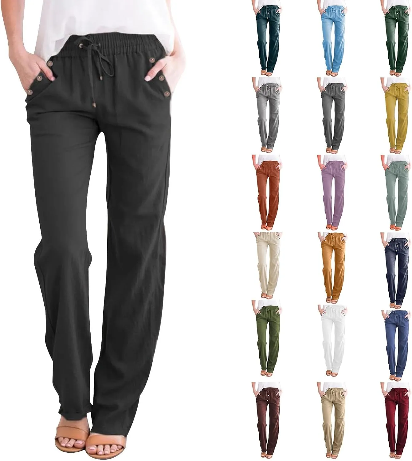 Linen Pants Women 2025 Summer Drawstring Elastic High Waisted Straight Leg Trousers Baggy Lounge Pants with Pockets