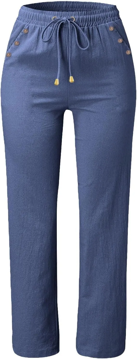Linen Pants Women 2025 Summer Drawstring Elastic High Waisted Straight Leg Trousers Baggy Lounge Pants with Pockets