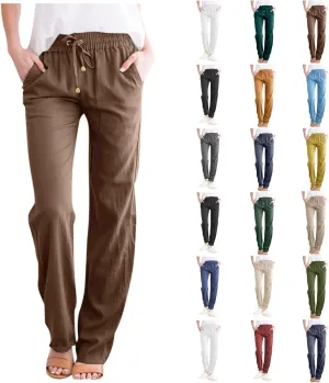 Linen Pants Women 2025 Summer Drawstring Pants Casual Loose Wide Leg Lounge Pants for Beach Travel Vacation