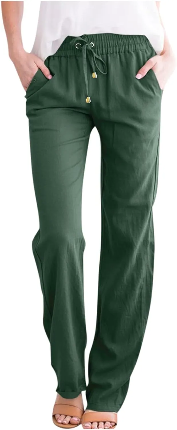 Linen Pants Women 2025 Summer Drawstring Pants Casual Loose Wide Leg Lounge Pants for Beach Travel Vacation
