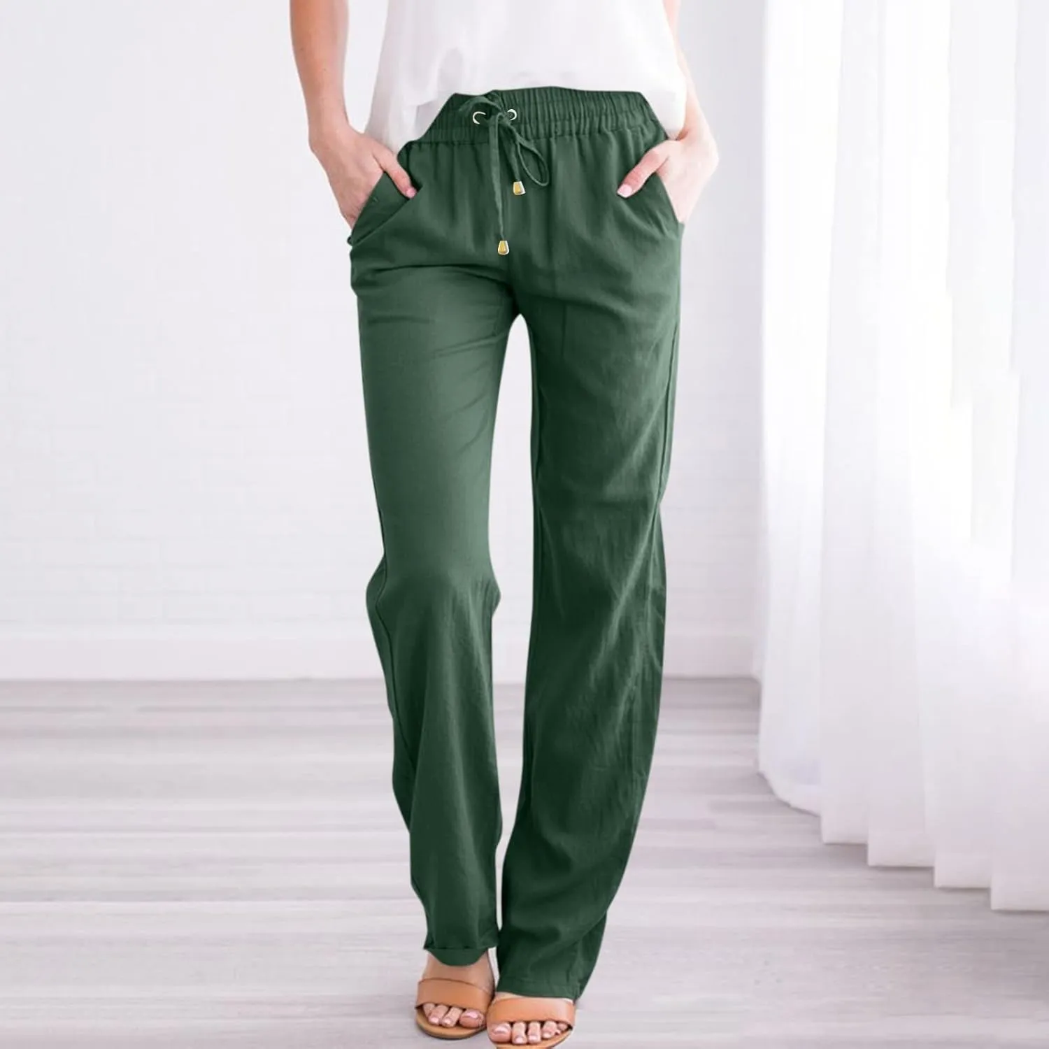 Linen Pants Women 2025 Summer Drawstring Pants Casual Loose Wide Leg Lounge Pants for Beach Travel Vacation
