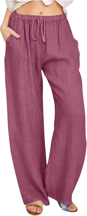 Linen Pants Women Casual Linen High Waist Pant Loose Fit Summer Pants Trousers Cotton Linen Palazzo Pants with Pockets