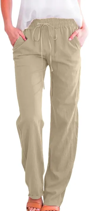 Linen Pants Women Comfy Elastic Waist Long Slim Fit High Waist Palazzo Pants Casual Cotton Lounge Pants with Pockets