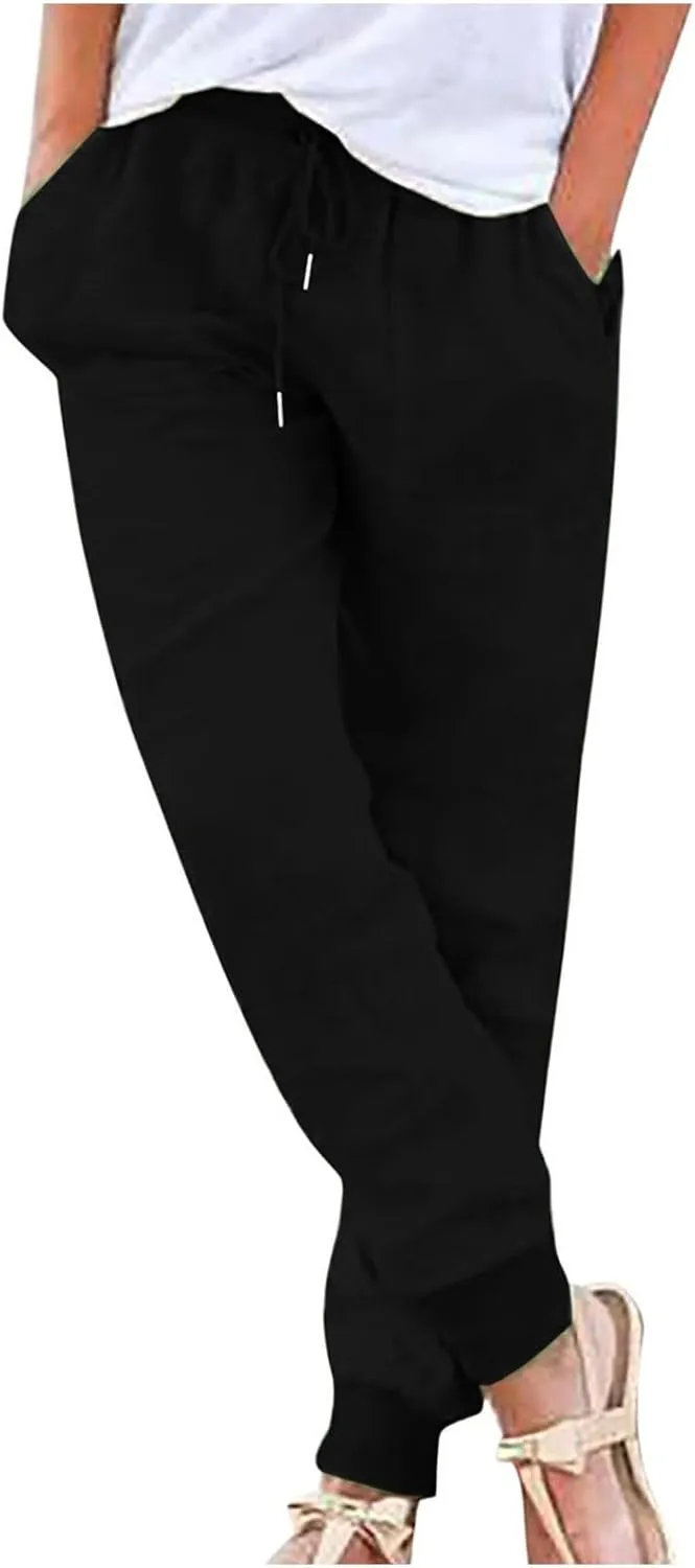 Linen Pants Women Dressy Pants Work Drawstring Elastic Waist Tapered Leg Summer Jogger Baggy Trousers with Pockets